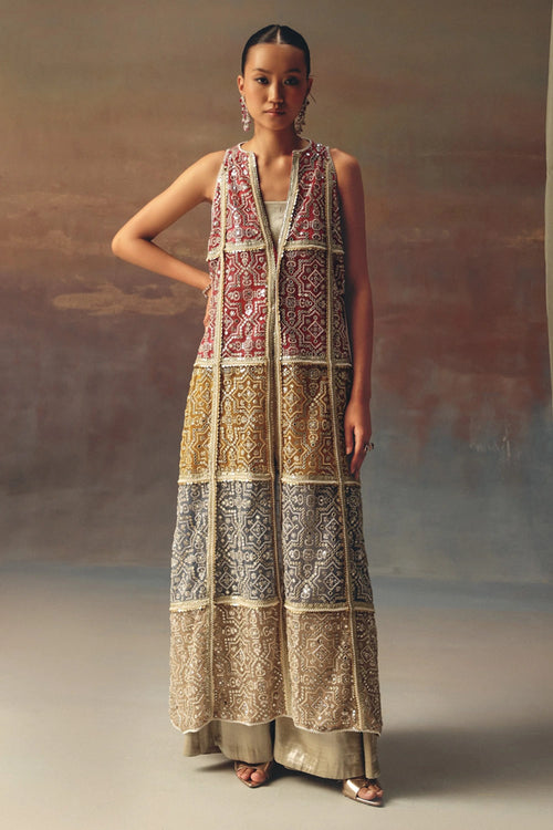 Long Multicolor Overlay with Silver Brocade Bandeau and Palazzos