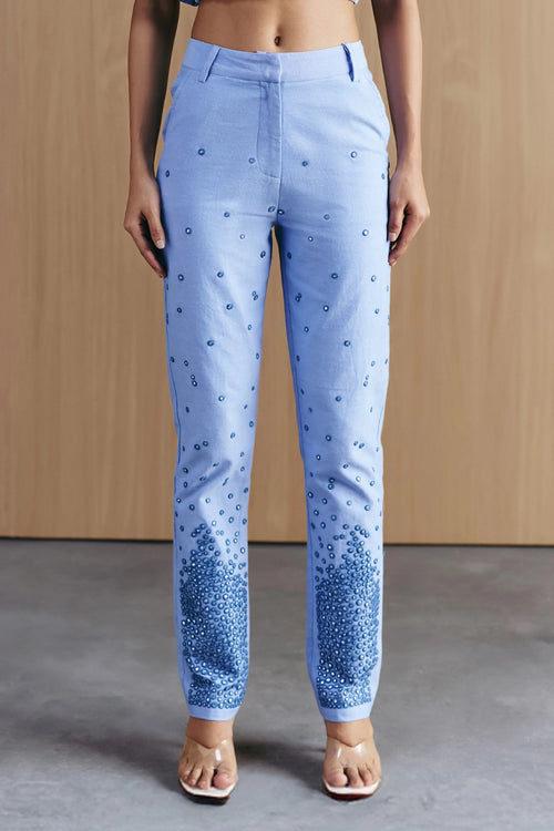 Blue Chambrey Mirror Embellished Pants