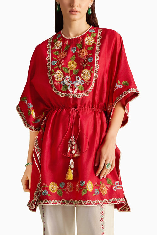 Red Embroidered Yoke Detail Kaftan