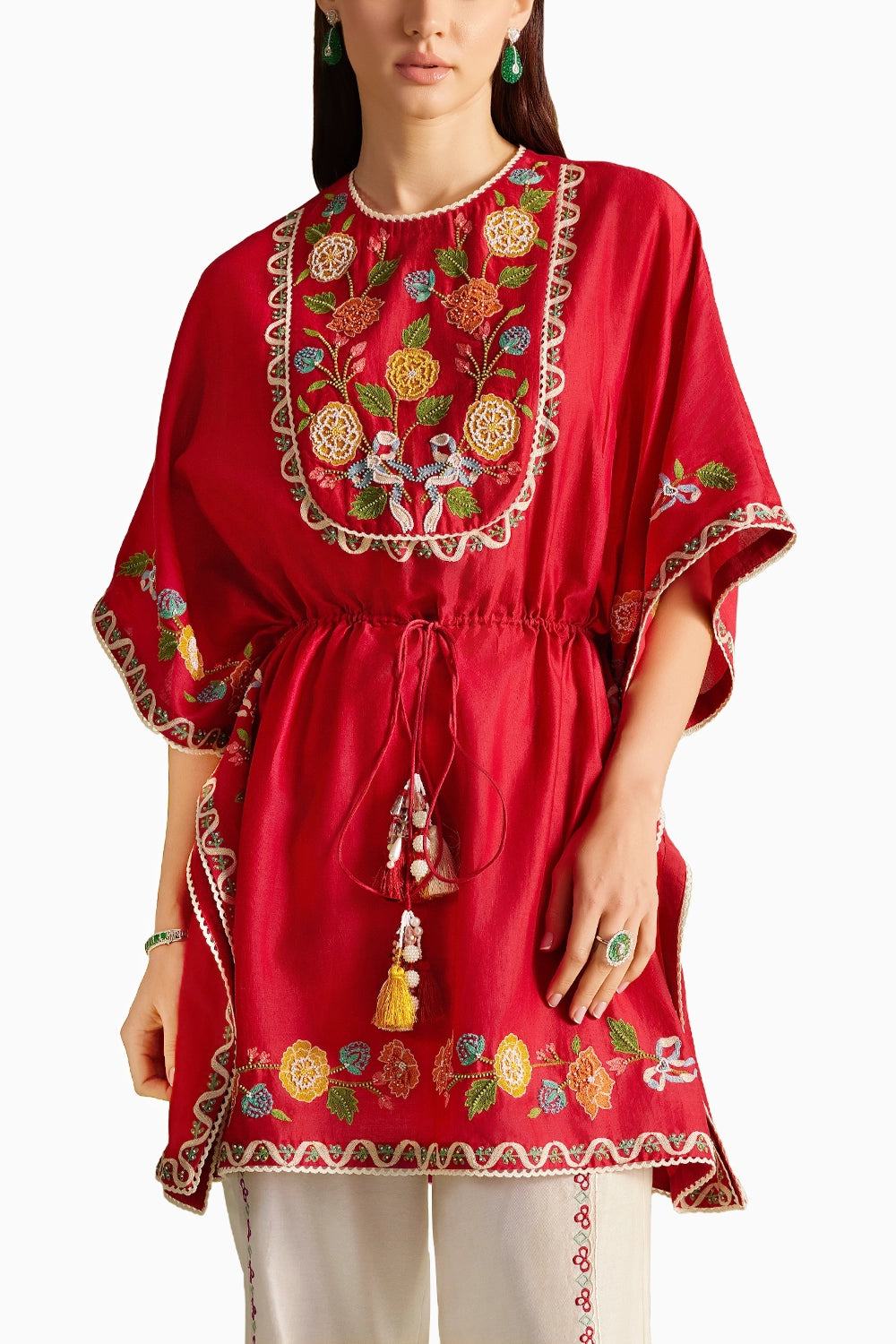 Red Embroidered Yoke Detail Kaftan