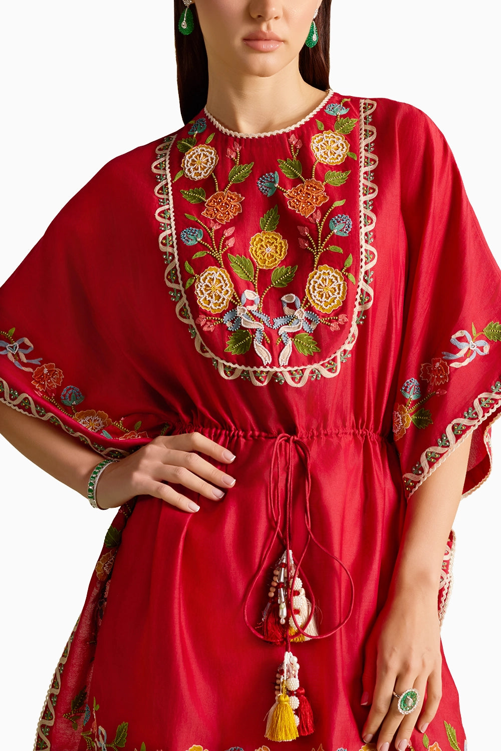 Red Embroidered Yoke Detail Kaftan
