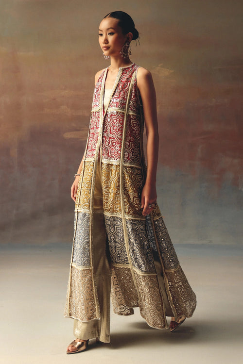 Long Multicolor Overlay with Silver Brocade Bandeau and Palazzos
