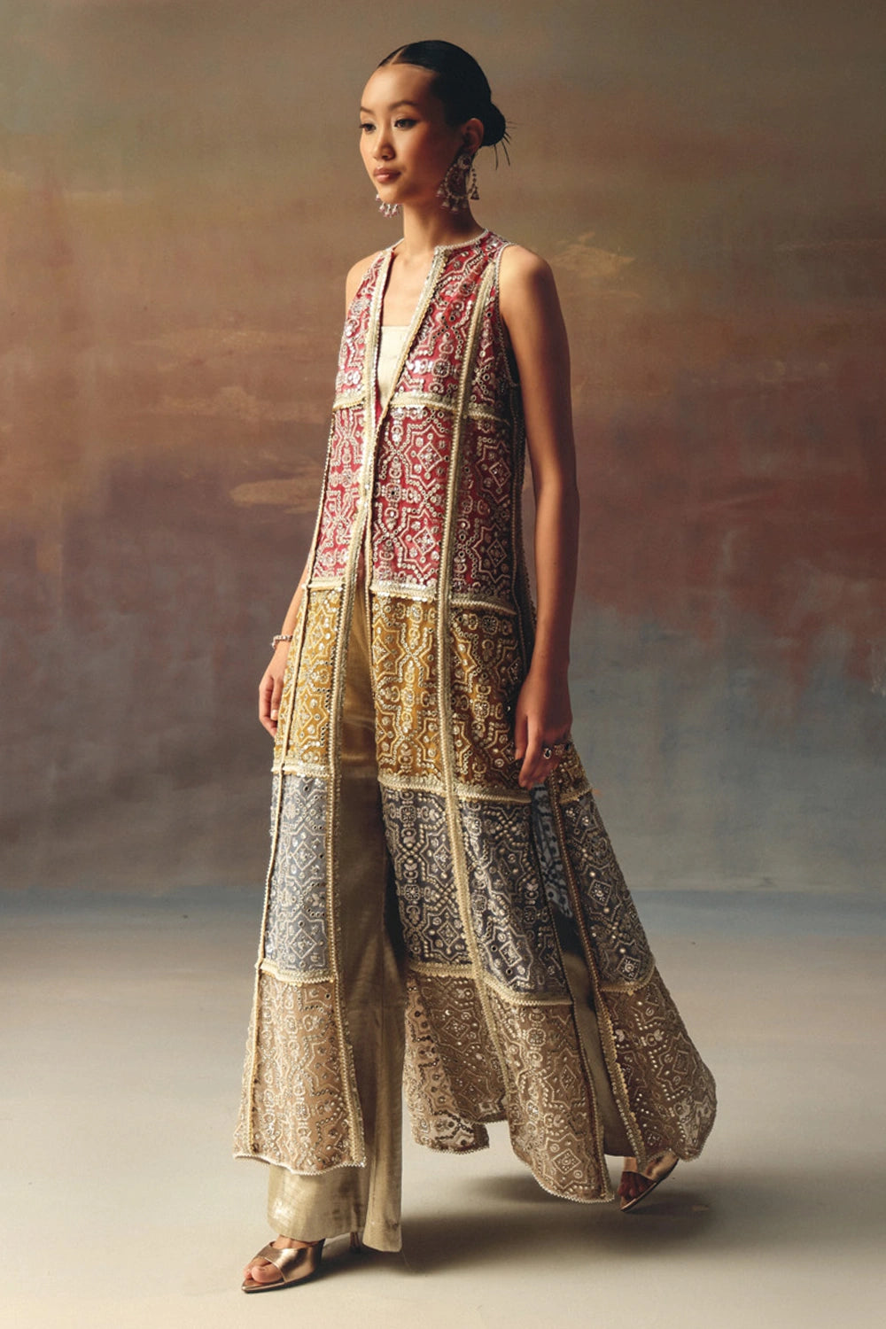 Long Multicolor Overlay with Silver Brocade Bandeau and Palazzos