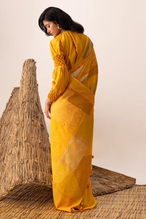 Yellow Bandhani Patchwork Saree