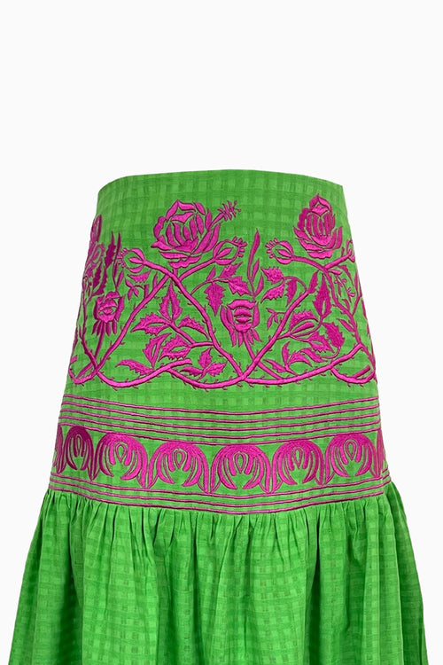 Green Espinas Skirt With Pink Embroidery