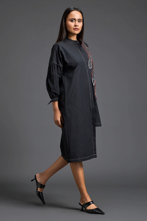 Black Floral Patchwork Shirt Dress