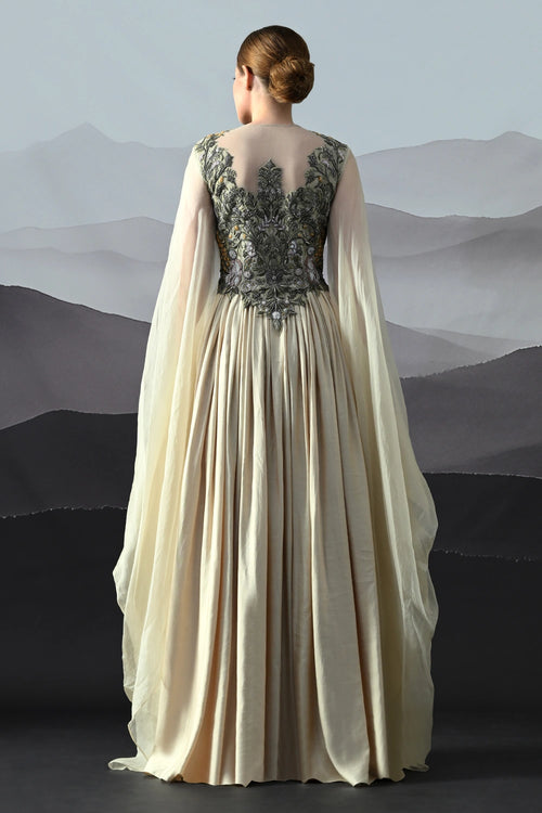 Beige Silhouette With Dense Embroidery And Soft Draping
