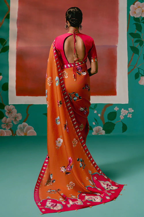 Tangerine and Fuschia Floral Saree