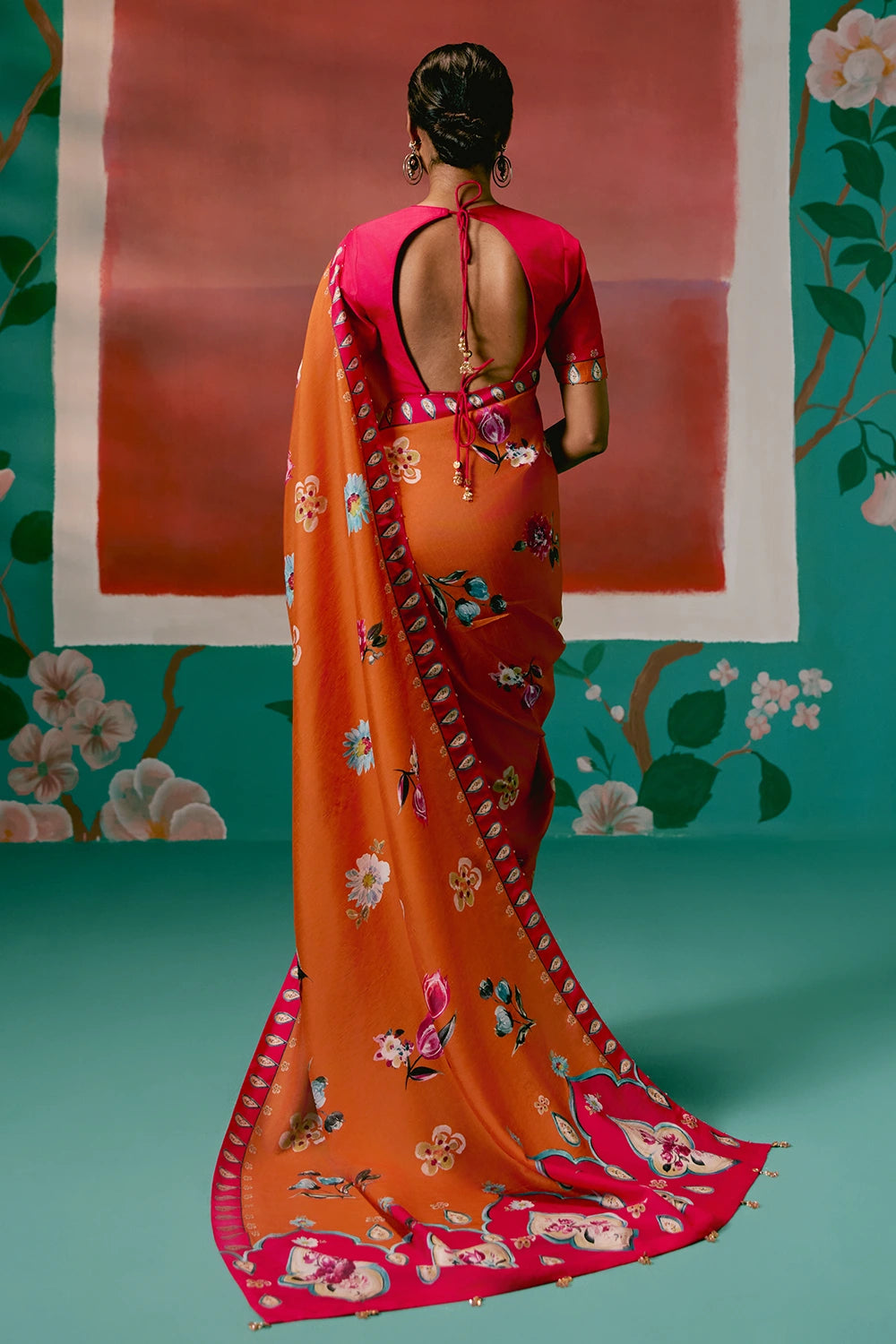 Tangerine and Fuschia Floral Saree