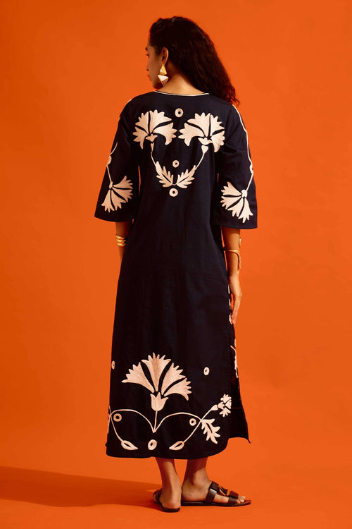 Black Cotton Maxi Dress with Ivory Thread Embroidery