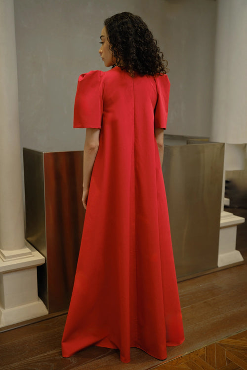 Crimson Red Sequined Floral A-line Gown