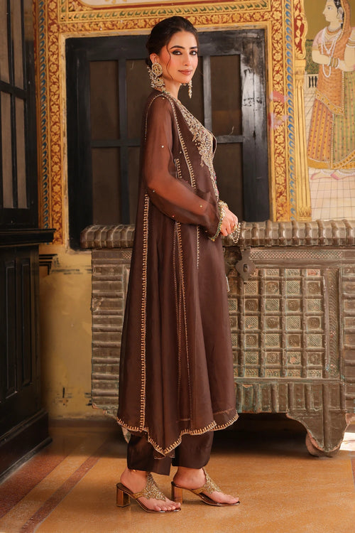 Ahista Brown Pakhi Yoke Pheran Long Kurta Set