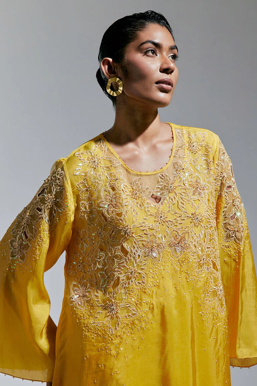 Floral Threadwork Silk Amber Co-ord Set