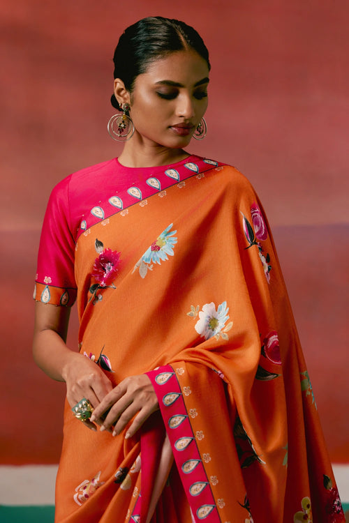 Tangerine and Fuschia Floral Saree