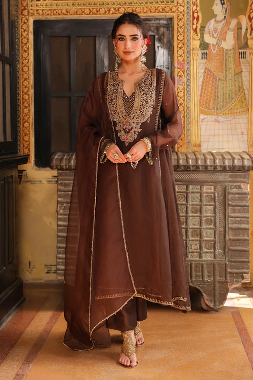 Ahista Brown Pakhi Yoke Pheran Long Kurta Set With Dupatta