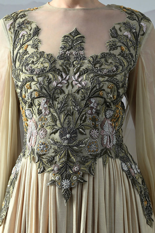 Beige Silhouette With Dense Embroidery And Soft Draping