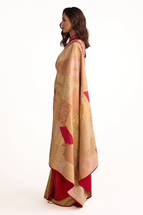 Beige Boro Bandhani Silk Saree