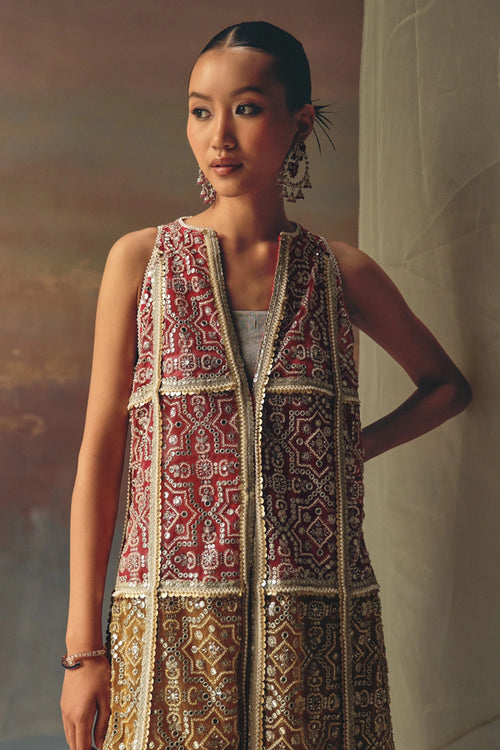 Long Multicolor Overlay with Silver Brocade Bandeau and Palazzos