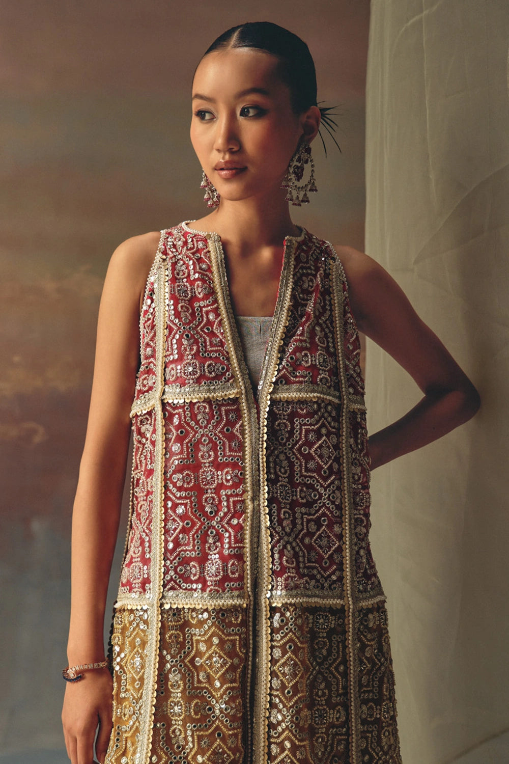 Long Multicolor Overlay with Silver Brocade Bandeau and Palazzos