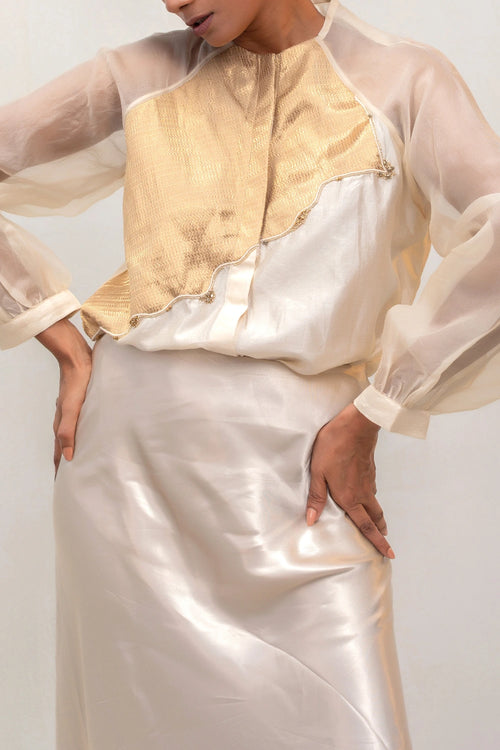Eeda Ivory Silk Shirt With Tissue Brocade Patchwork