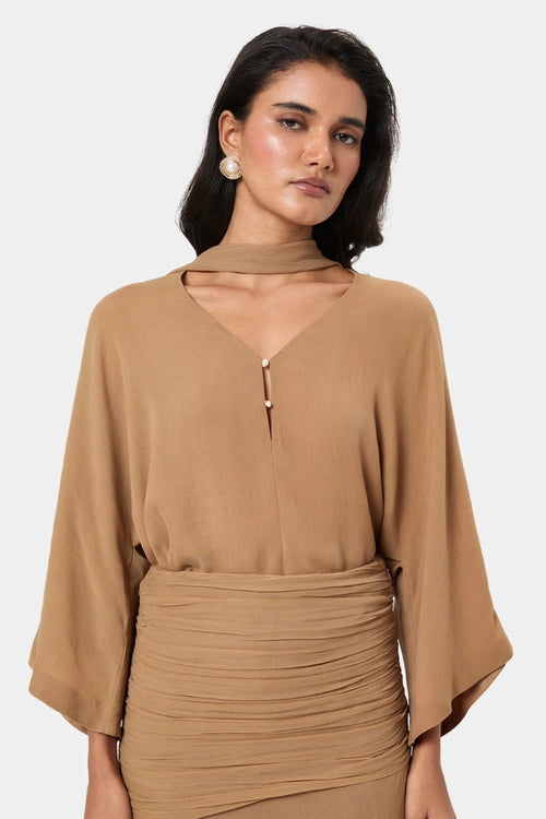Sand Ruched Waist Kimono Gown