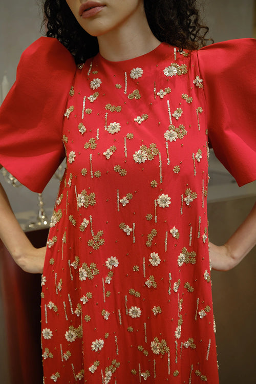 Crimson Red Sequined Floral A-line Gown