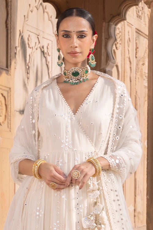 Off White Flower Angrakha with Embroidered Dupatta