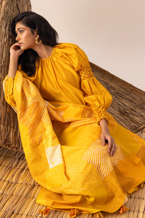 Yellow Bandhani Patchwork Saree