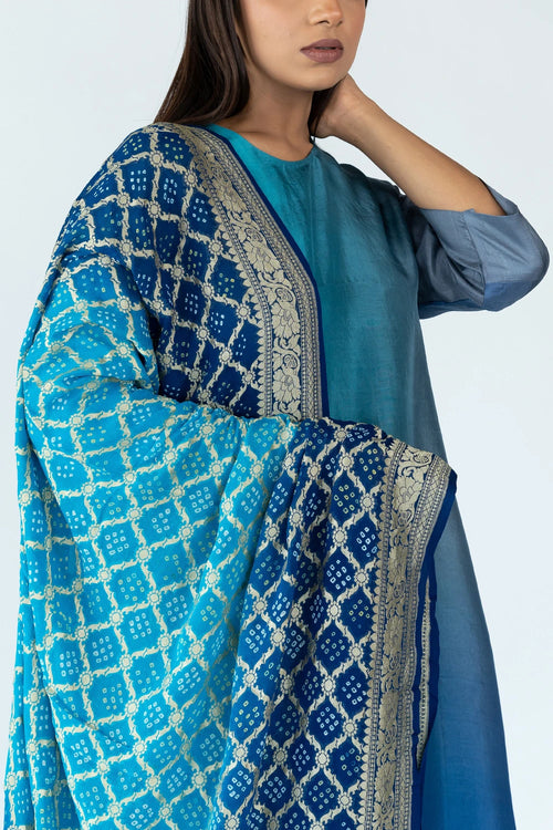 Firozi Grey Ombre Kurta With Dupatta