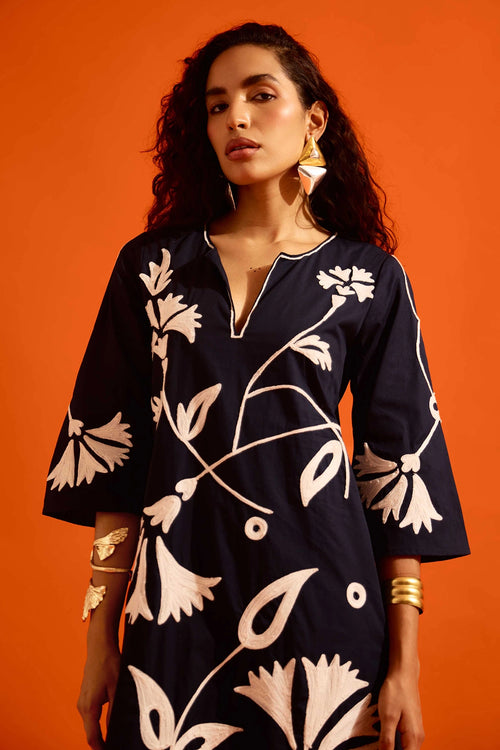 Black Cotton Maxi Dress with Ivory Thread Embroidery