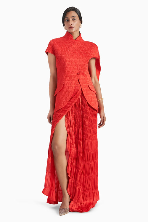 Red Draped Lined Smocked Skirt