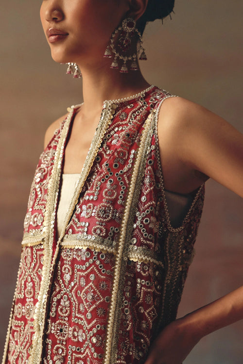 Long Multicolor Overlay with Silver Brocade Bandeau and Palazzos