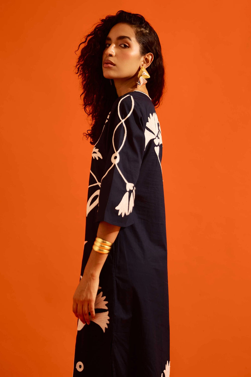 Black Cotton Maxi Dress with Ivory Thread Embroidery