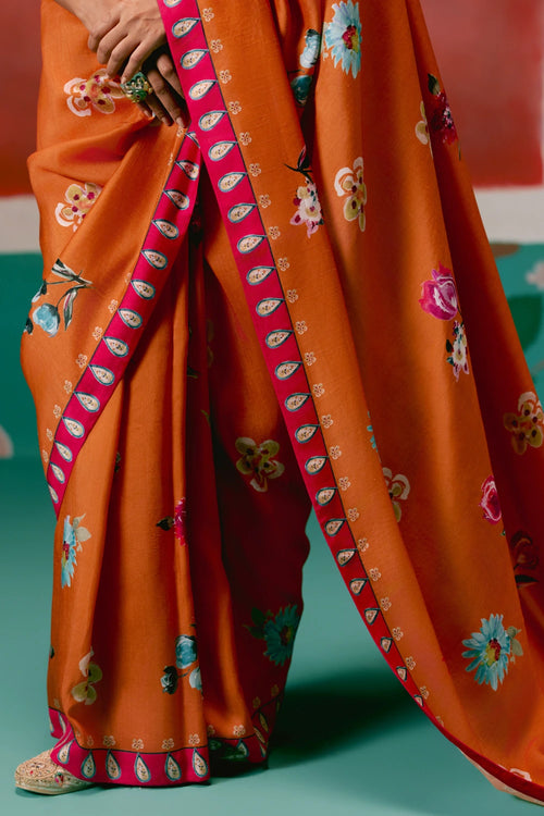 Tangerine and Fuschia Floral Saree
