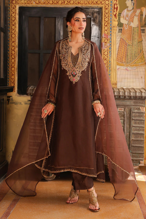 Ahista Brown Pakhi Yoke Pheran Long Kurta Set With Dupatta