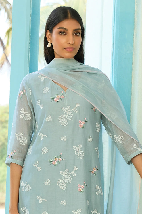 Sky Thread Embroidered Kurta Set