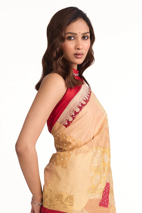 Beige Boro Bandhani Silk Saree