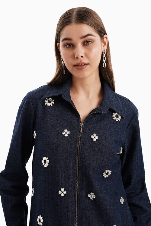 Dark Herringbone Jacket with  Pendant Embellishment
