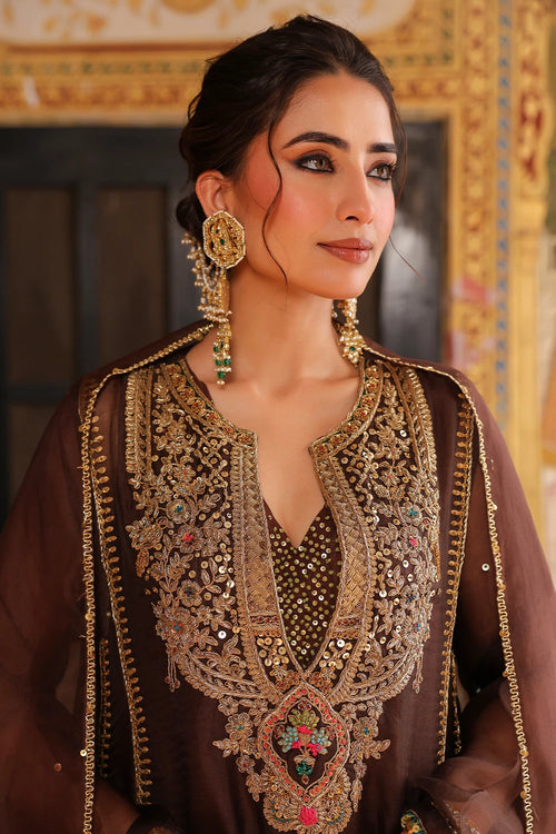 Ahista Brown Pakhi Yoke Pheran Long Kurta Set With Dupatta