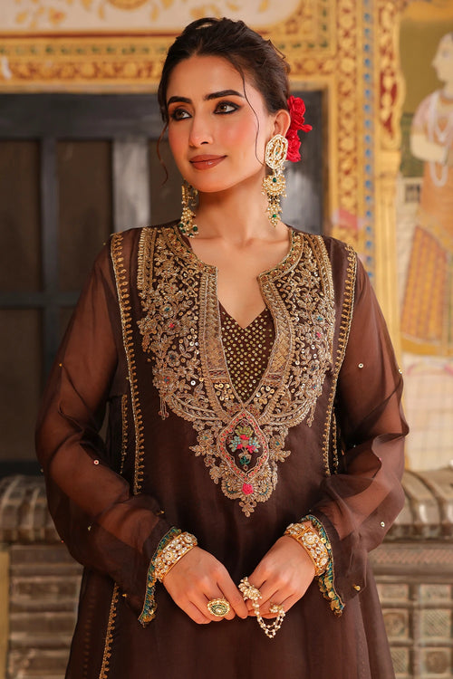 Ahista Brown Pakhi Yoke Pheran Long Kurta Set