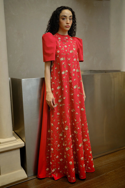 Crimson Red Sequined Floral A-line Gown
