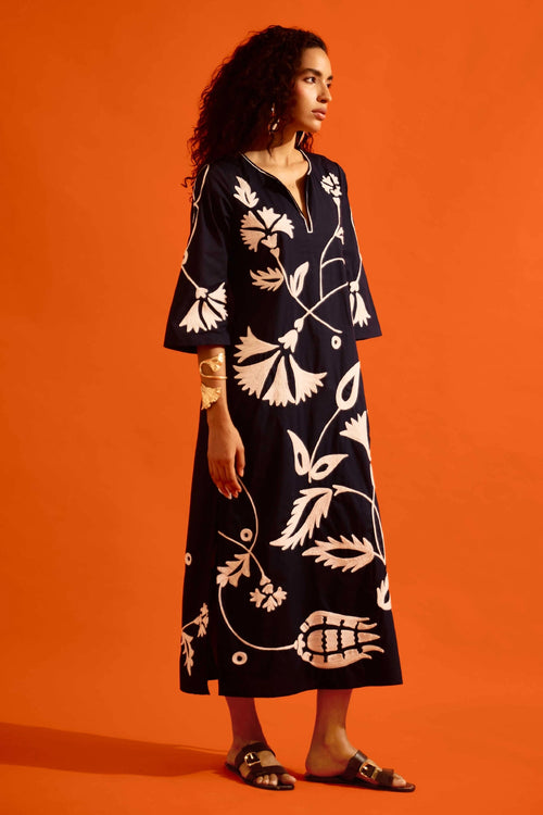 Black Cotton Maxi Dress with Ivory Thread Embroidery