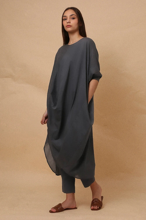 Ash Gray Rib Mul Cowl Tunic Co-ord Set