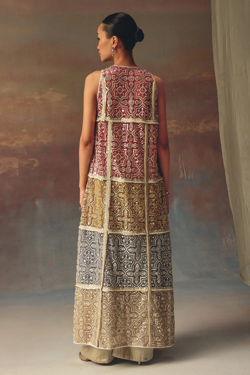 Long Multicolor Overlay with Silver Brocade Bandeau and Palazzos