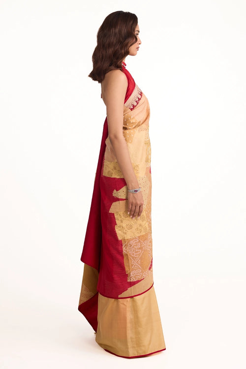 Beige Boro Bandhani Silk Saree