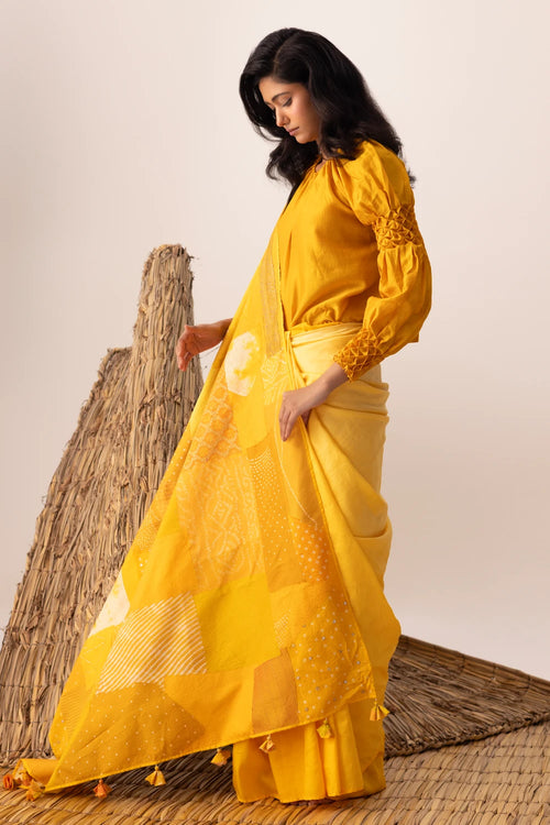 Yellow Bandhani Patchwork Saree