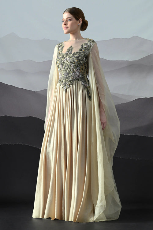 Beige Silhouette With Dense Embroidery And Soft Draping
