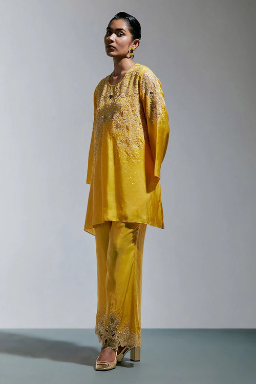 Floral Threadwork Silk Amber Co-ord Set