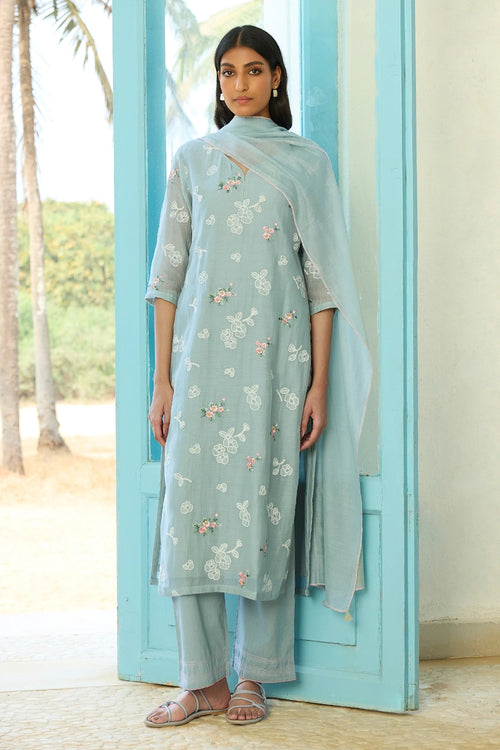 Sky Thread Embroidered Kurta Set