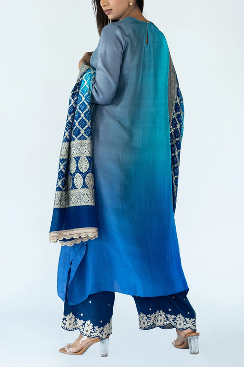 Firozi Grey Ombre Kurta With Dupatta